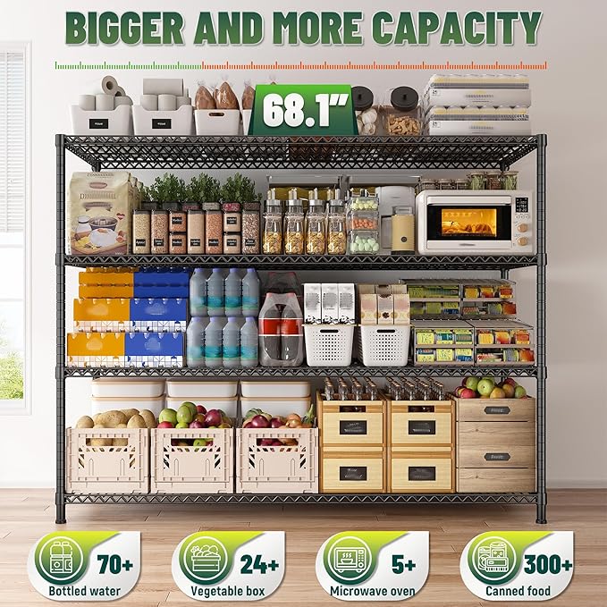 2500 LBS Shelf Storage Shelves 68.1" W Wire Shelving Unit, Garage Shelving Heavy Duty, Adjustable Metal Shelving for Garage, Pantry, Kitchen, Basement, Business 68.1" W x 20.9" D x 70.9" H