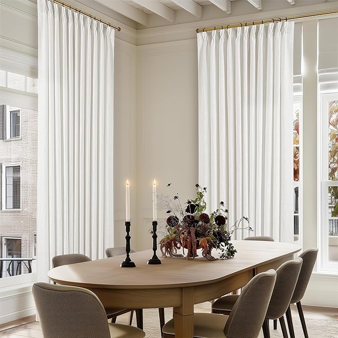 Extra Wide Pinch Pleat Curtains 120 Inches Long for Patio Sliding Glass Door White Linen 70 Inch Wide Curtain Memory Trained Pleated Drapes with Hooks Rings Semi Sheer 70x120 Curtain for Large Window