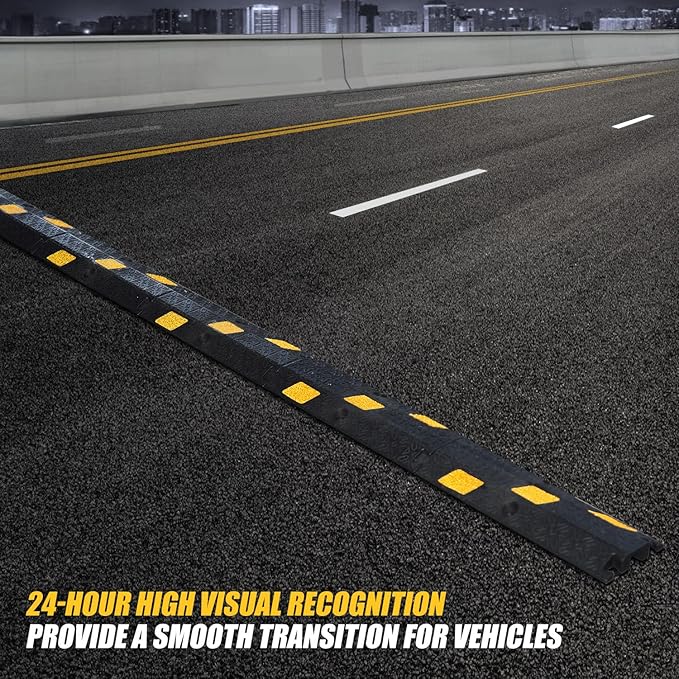 6 Pack 1-Channel Rubber Cable Protector Ramp, 17" x 6" x 1.3" inch Interlocking Floor Wire Cord Cable Cover, Visible at Night, Durable Rubber Speed Bump Hump Ramp (1-Channel 6 Pack)