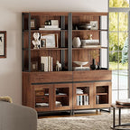 WAMPAT 2 PCS Modern 72" Tall Bookcase with 2 Drawers and Open Book Shelf, Library Book Shelf with Storage Cabinet and Glass Doors, Wood Freestanding Bookshelves for Home Office, Living Room, Brown