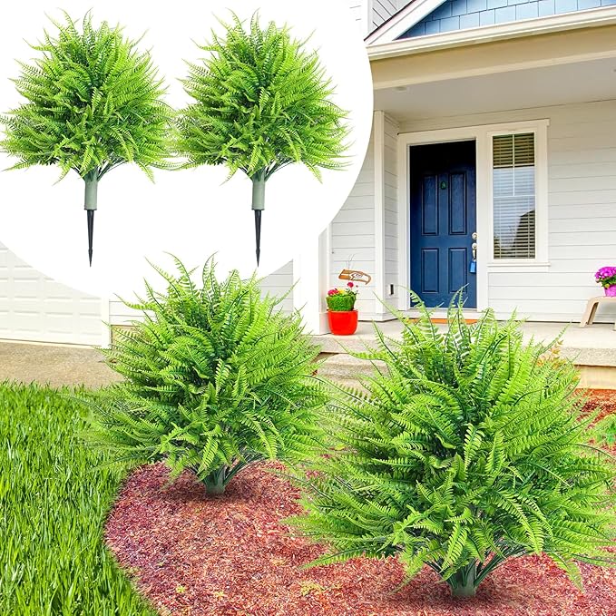 2 Artificial Boston Fern with Integrated Ground Stake 24'' Realistic UV Resistant Faux Plant with Spike for Indoor Outdoor Garden Yard Spring Summer Wedding Decoration