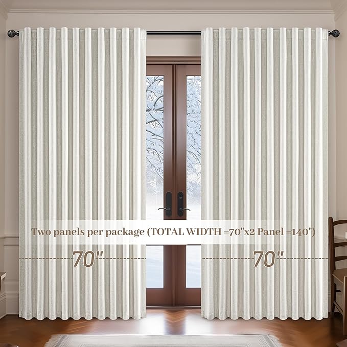 Birch Extra Wide 70 Inch Total 140" Blackout Crtains for Living Room 2 Panels Set, Farmhouse Thick Linen Blend Room Darkening Window Drapes with Rod Pocket Thermal Pleated Curtain(70"W x 102"L)