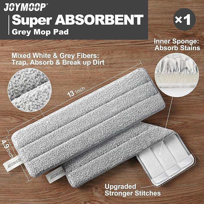 JOYMOOP Microfiber Flat Mop and Bucket System, Mops for Floor Cleaning and Wall Cleaner, Hardwood, Tile, Laminate, Vinyl Floors, Smooth Walls, and Glass Windows - 50" Flat Mop+1 Microfiber Pad[White]