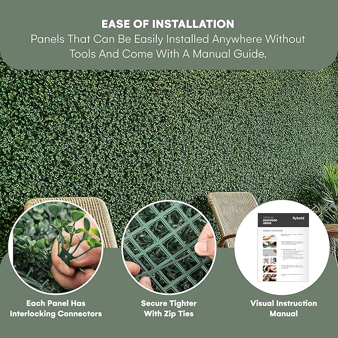 Grass Wall Panels 20″ × 20″ (12 Pack) – UV-Protected Artificial Boxwood Hedge Greenery Backdrop Covers 33.33 sq ft, Indoor/Outdoor Privacy Fence Screen, Zip Ties & Spare Leaves Included