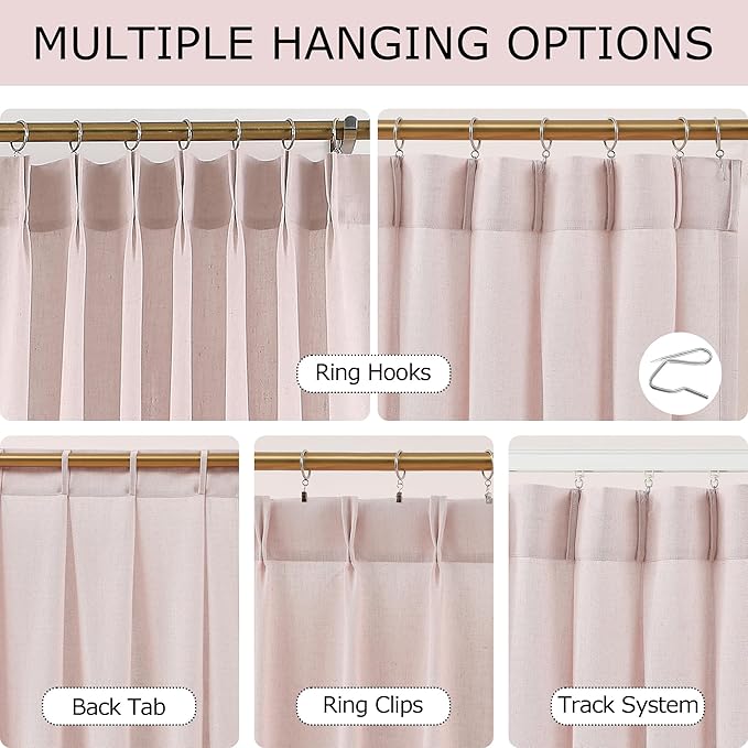 Vision Home Soft Pink Pinch Pleated Semi Sheer Curtains Textured Linen Blended Light Filtering Window Curtains 120 inch for Living Room Bedroom Patio Pinch Pleat Drapes with Hooks 10FT 60" Wx120 Lx1