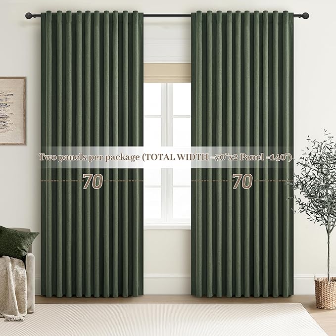 Dark Olive Green Curtains 70 Inch Length Extra Wide Pleated Black Out 84 Inch Long for Living Room, Linen Thick Sliding Glass Door Heavy Duty Insulated Large Window Drapes (70"Wx84"Lx 2Panels Loden)