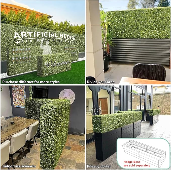 SunnyRoyal 162" Wx18 Hx6 D Artificial Boxwood Hedge Wall for Indoor and Outdoor Lifelike Greenery Privacy Fence for Patio Balcony Office Garden Party(Green with White Flower)