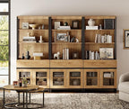 WAMPAT 3 PCS Modern 72" Tall Bookcase with 3 Drawers and Open Book Shelfs, Library Book Shelf with Storage Cabinet and Glass Doors, Wood Freestanding Bookshelves for Home Office, Living Room, Oak