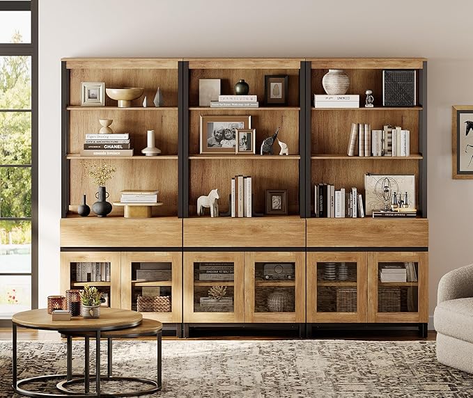 WAMPAT 3 PCS Modern 72" Tall Bookcase with 3 Drawers and Open Book Shelfs, Library Book Shelf with Storage Cabinet and Glass Doors, Wood Freestanding Bookshelves for Home Office, Living Room, Oak
