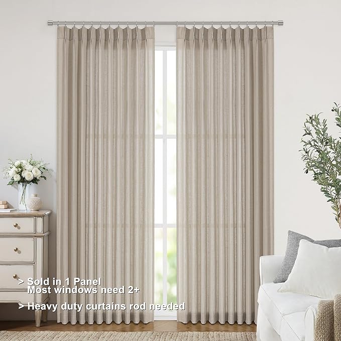 Vision Home Sand Pinch Pleated Semi Sheer Curtains Textured Linen Blended Light Filtering Window Curtains 102 inch for Living Room Bedroom Patio Pinch Pleat Drapes with Hooks 1 Panel 60" Wx102 L