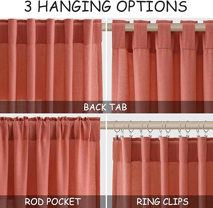 Coral Semi Sheer Linen Blend Curtains 108 Inches Long 2 Panels Set Back Tab Loop Pocket Light Filtering Boho Large Window Decor Extra Long Drapes for High Ceiling Living Room 52x108