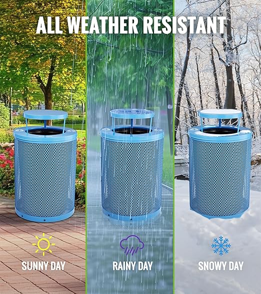Alpine Outdoor Trash Can 36 Gallon Diamond Steel Commercial Metal Waste Bin with Leak Proof Liner, Heavy Duty Steel Mesh Design, Rain Bonnet Lid & Flat Lid for Parks, Streets, and Public Spaces-Blue