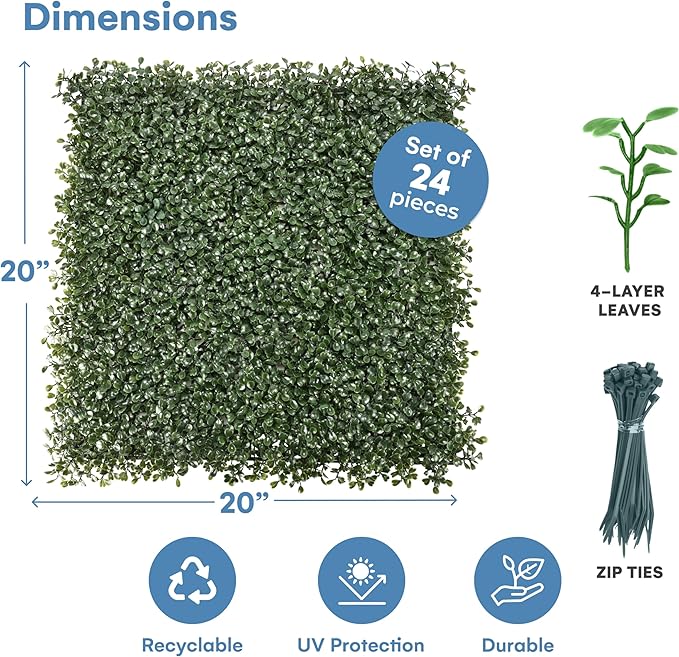 Grass Wall Panels 20″ × 20″ (6 Pack) – UV-Protected Artificial Boxwood Hedge Greenery Backdrop Covers 16.66 sq ft, Indoor/Outdoor Privacy Fence Screen, Zip Ties & Spare Leaves Included