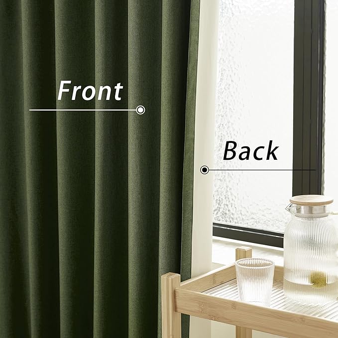 96 Inch Curtains 2 Panel Set Farmhouse Blackout Heat Reducing Sun Block Out Curtains for Bedroom Dorm UV Blocking Noise Canceling Burlap Linen Look Drapes Rod Pocket Back Tab,50 X 96 Olive Green