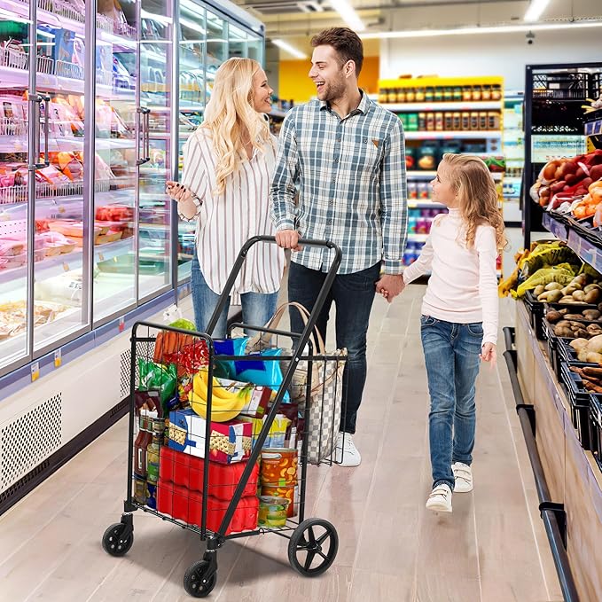 DWVO Jumbo Folding Shopping Cart with Wheels, Rolling Foldable Grocery Cart with Double Basket, Portable Collapsible Utility Cart for Shopping Groceries Laundry Storage Organizer