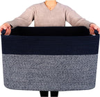MINTWOOD Design 22in Extra Large Blanket Basket Holder for Living Room, Rectangle Rope Woven Storage Bin with Handles for Laundry, Pool Towels, and Shoes, Dog Toy Box Organizer, Navy Blue