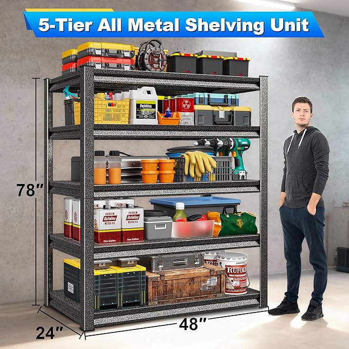 Garage Shelving Heavy Duty，Large Loads Adjustable Garage Storage Shelves, Metal Storage Racks and Shelving Units, Utility Rack Shelves,47.2”W x 24”D x 78”H,Silver