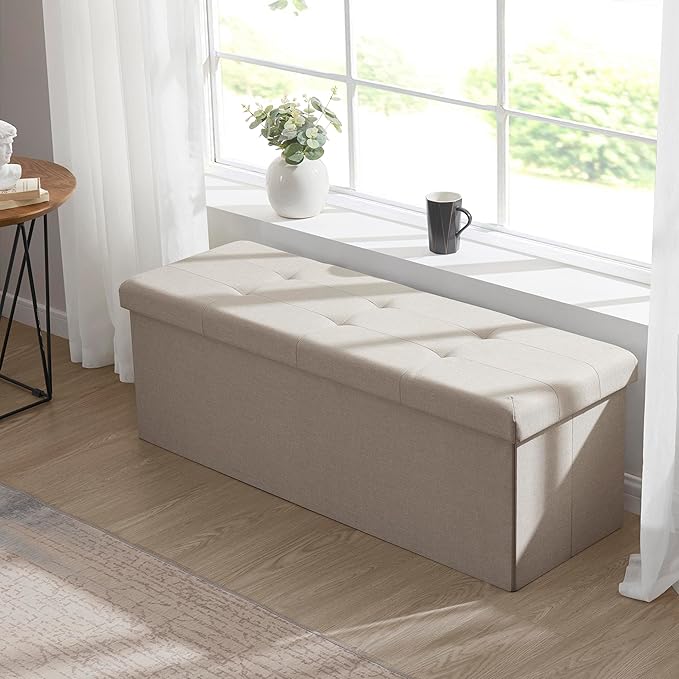 Ornavo Home 43 Inch Folding Storage Ottoman with Storage Bench, Long Large Storage Ottoman Bench, Storage Chest, Foot Rest Stool, Bedroom Bench with Storage - (Beige)