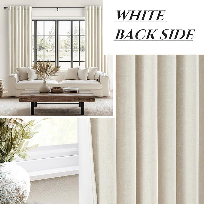 Warm Cream Thick Linen Black Out Curtains 92 Inch Long for Living Room 2 Panels Set, Farmhouse Pleated Room Darkening Window Drapes Insulated Privacy for Kids Bedroom 50"W x 92"L (Rod Pocket Back Tab)