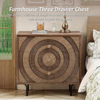 Farmhouse 3-Drawer Dresser, Accent Wooden Chest of Drawers with Circle Pattern and Radioactive Wood Lines, Accent Storage Dresser for Living Room, Bedroom, Natural Wood Color