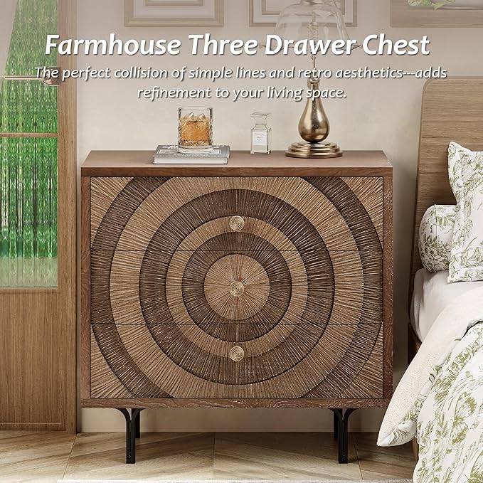 Farmhouse 3-Drawer Dresser, Accent Wooden Chest of Drawers with Circle Pattern and Radioactive Wood Lines, Accent Storage Dresser for Living Room, Bedroom, Natural Wood Color