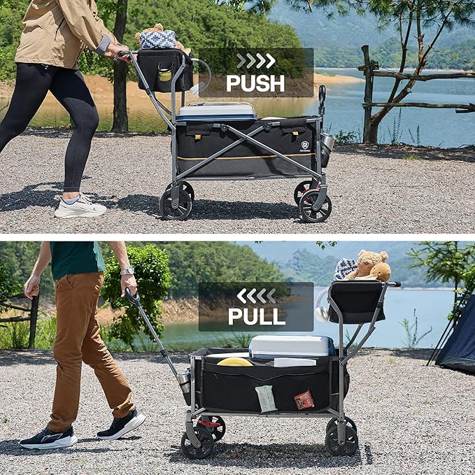 EVER ADVANCED Collapsible Push & Pull Shopping Cart with Wheels & Brakes, Foldable Wagon for Groceries with Practical Basket, Side Pockets & Cup Holders, Beach Utility Rolling Cart for Camping, Black