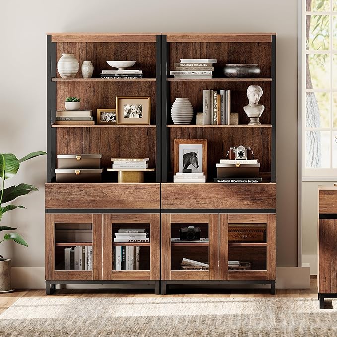 WAMPAT 2 PCS Modern 72" Tall Bookcase with 2 Drawers and Open Book Shelf, Library Book Shelf with Storage Cabinet and Glass Doors, Wood Freestanding Bookshelves for Home Office, Living Room, Brown