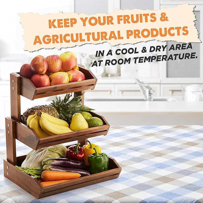 HOLANA Acacia 3 Tier Fruit Basket for Counter – Wooden Fruit Bowl for Kitchen Counter Organizer & Produce Storage Wooden Basket, Snack Organizer for Countertop, Kitchen Counter Storage (Acacia)