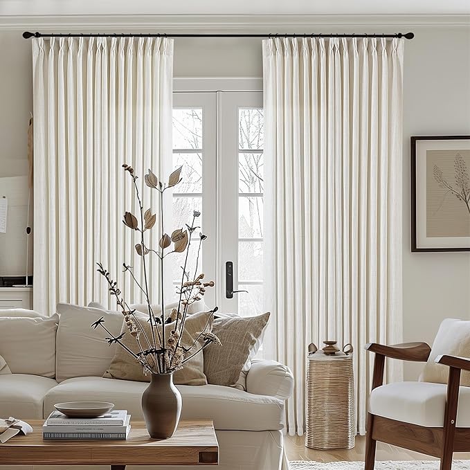 Extra Wide Pinch Pleat 100 x 102 Inch Linen Curtains for Living Room Cream Ivory Light Filtering Semi Sheer Pleated Curtains for Patio Glass Sliding Door Dining Bedroom Large Window 100x102 1 Panel