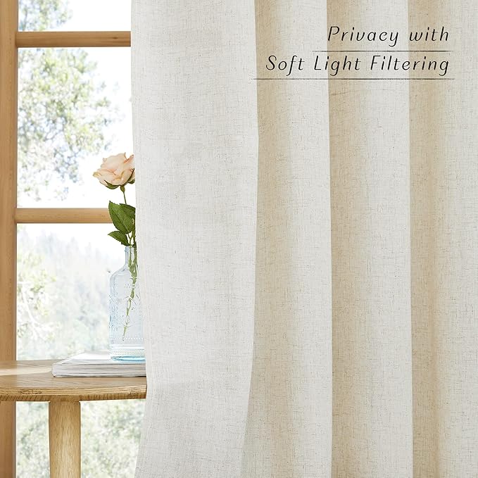 NICETOWN Natural Linen Curtains for Bedroom, Back Tab & Rod Pocket with Pleat Tab Privacy Added Curtains & Drapes with Light Filtering Window Treatments for Living Room, W52 x L95, 2 Panels