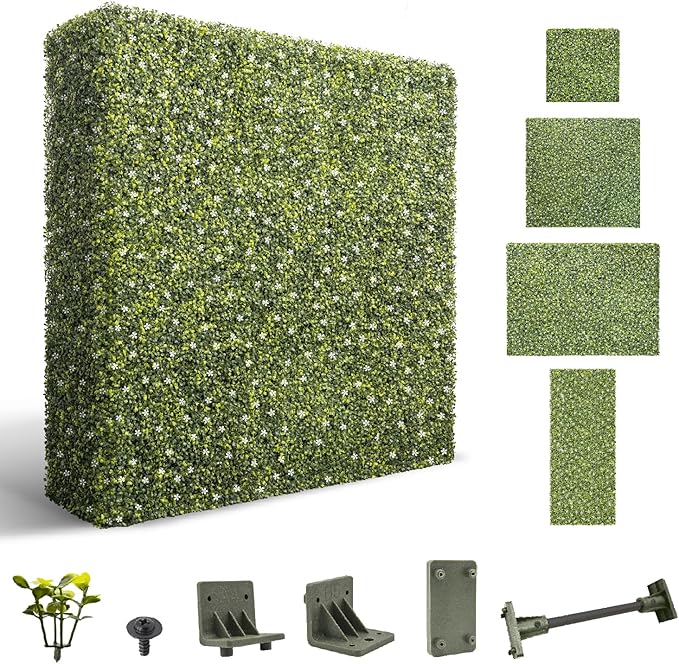 SunnyRoyal 180" Wx18 Hx12 D Artificial Boxwood Hedge Wall for Indoor and Outdoor Lifelike Greenery Privacy Fence for Patio Balcony Office Garden Party(Green with White Flower)