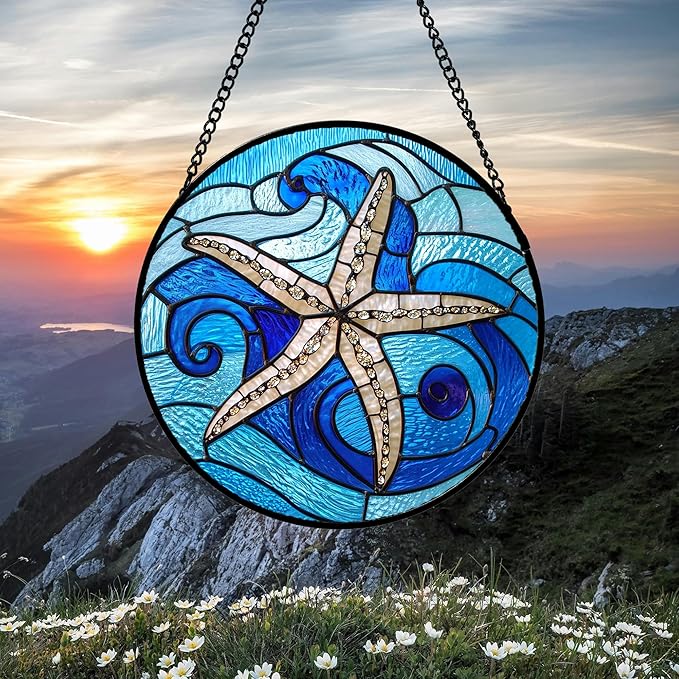 Stained Glass Window Hanging 4 Pcs Set Blue Ocean Waves 9.8" - Starfish Crab Seal Suncatcher Door Garden Sun Catcher Decor Birthday for Mom Woman Nana Men Friend