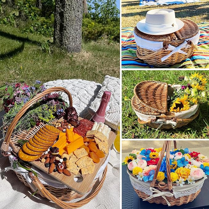 Wicker Picnic Basket with Lid, Wicker Picnic Hamper with Removable Lining and Foldable Handles, Woven Picnic and Outdoor Basket for Camping, Picnics, and Outdoor Adventures