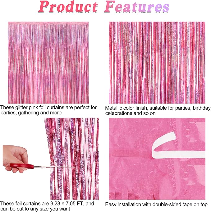 8 Pack Pink Backdrop, 3.28 FT x 7.05 FT Fringe Curtains, Metallic Glitter Pink Fringe Party Streamer Foil Curtains Tinsel Backdrop, Pink Decorations Bachelorette Valentines Day Party Supplies