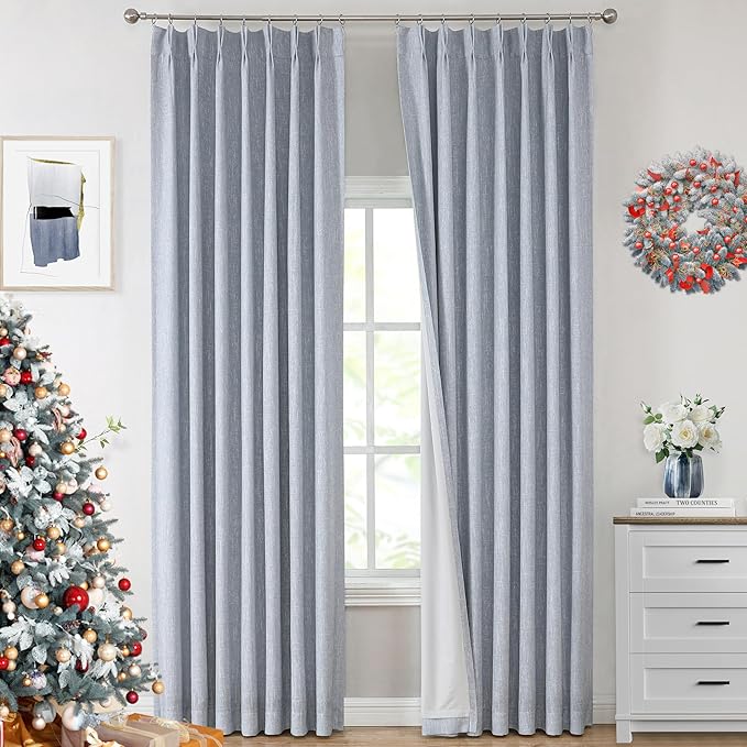 Vision Home Chambray Blue Full Blackout Curtains Pinch Pleated Room Darkening Window Curtains 63 inch for Living Room Bedroom Thermal Insulated Pinch Pleat Drapes with Hooks Back Tab 2 Panel 40"Wx63"L