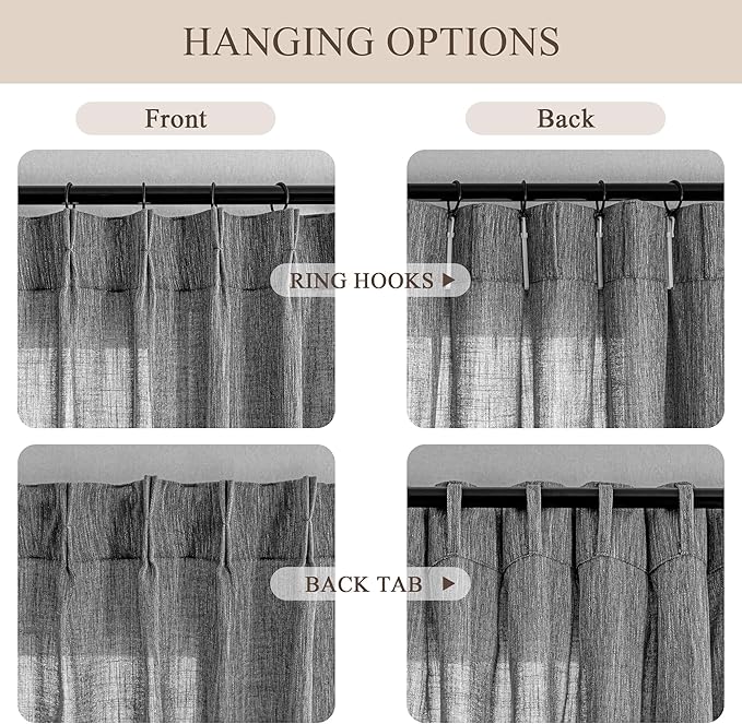 MYSKY HOME Bedroom Curtains Semi Sheer 63 Inch Long Light Filtering Privacy Drapes Linen Look Textured Farmhouse Boho Home Decor, Pinch Pleated Curtain for Bedroom, 40 x 63 in, Dark Grey, 2 Panels