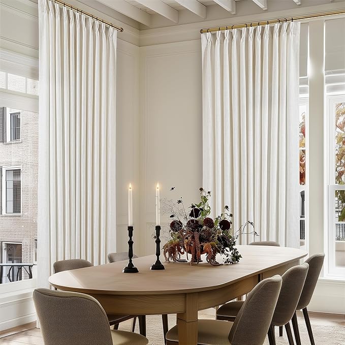 Extra Wide Pinch Pleat Linen Curtains 120 Inches Long for Living Room Sliding Glass Door 70 Inch Wide Sheer Curtain Cream Ivory Boho Pleated Drape with Hooks Rings 70x120 Large Window Curtain 1 Panel