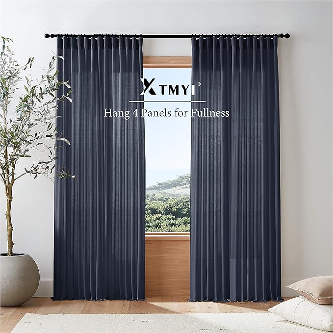 XTMYI Indigo Blue Curtains 108 Inches Long for Living Room 2 Panels Set Back Tab Hook Pleat Linen Extra Long Sheer Curtain Drapes for Dining Room,Total Wide 100 x 108 Inch Length,Dark Navy