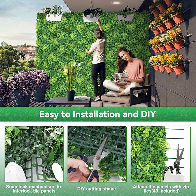 Artificial Plant Wall Panels, 20"x20" 12PCS Faux Grass Backdrop with UV Resistant Fern Leaves, Green Wall Decor for Outdoor Indoor Patio Garden Backyard