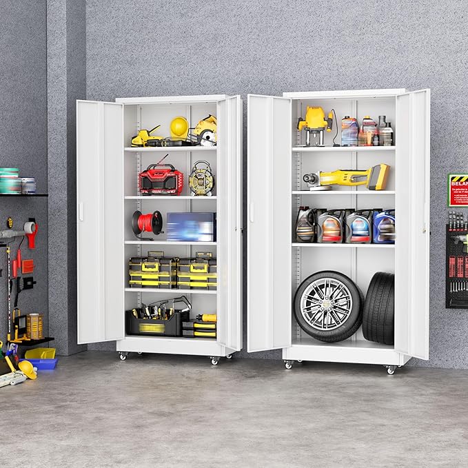 Greenvelly 73" Storage Cabinet with Wheels,Metal Rolling Garage Cabinet with Locking Doors and 4 Adjustable Shelves for Home,Kitchen,Office,Warehouse(32" W x 16" D White)