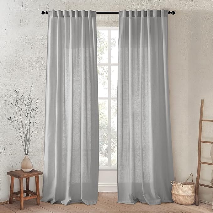 XTMYI Light Grey Curtains for Living Room Bedroom,Linen Boho Back Tab Pleated Sheer Curtain Set of 2 Panels,90 Inches Long