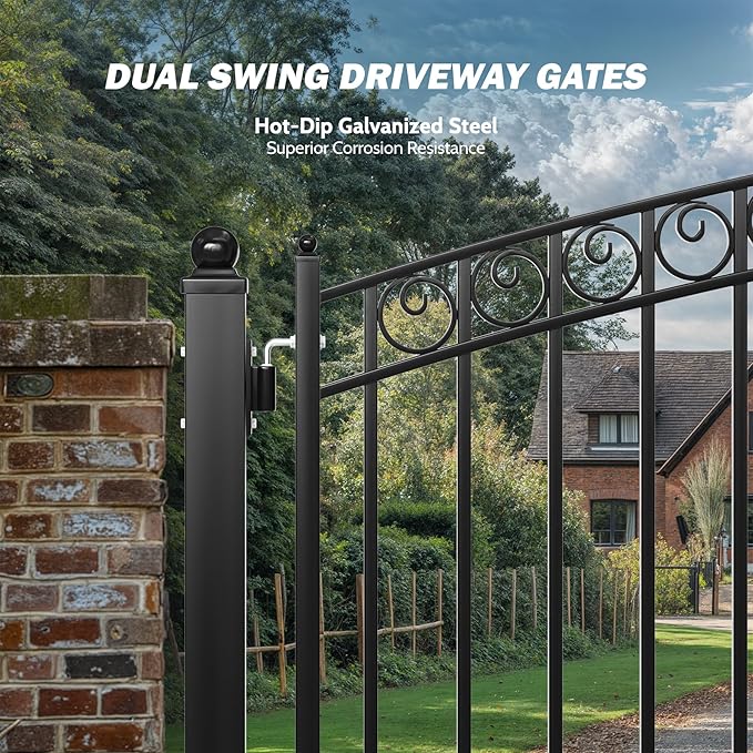 ZUMI Dual Swing Driveway Gate, 12x6 ft. Outdoor Steel Fence for Home Security, Heavy-Duty Weatherproof Iron Kit, Opera Style