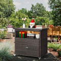 Outdoor Storage Cabinet,Outdoor Cabinet for Patio Bar Cart with Rolling Wheels Patio Bar Table with Storage Wicker Buffet Cabinets prep Table Kitchen Serving Cart with Door,Shelves,Handle Brown