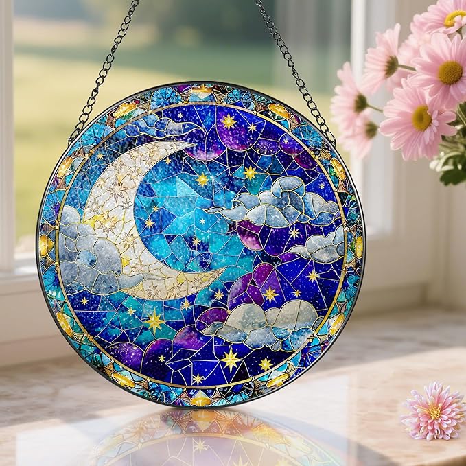 8-Inch Moon and Star Stained Glass Ornament, Stained Glass Window Hanging, Window Hanging Decor Suncatcher, Night Sky Ornament | Holiday, Mother’s Day, Housewarming | Gifts for Friend & Family