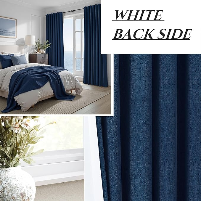 Navy Blue Blackout Curtains 108 Inch Length for Boys Rooms/Bedroom, Floor to Ceiling Track Pleated Drapes with Hooks Linen Thermal Coastal Curtain Dark Blue Window Burg 50"Wx108"Lx2Panels Back Tab