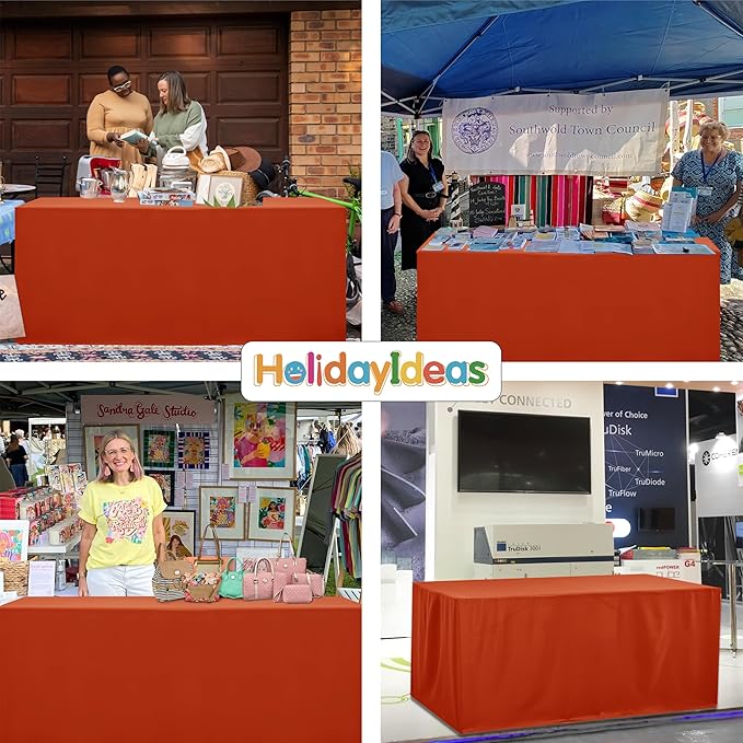 HolidayIdeas 4 Pack 3-Sided Christmas Fitted Tablecloth for 6ft Tables, Open Back Rust Table Cover for Vendor Booth Display, Craft Fair, Trade Show, Allows Seating & Easy Access Storage