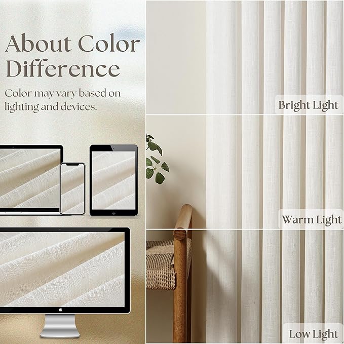 Natural Pinch Pleated Linen Curtains 1 Panel for Living Room Bedroom Memory Training Shaped Semi Sheer Pleat Drapes with Hooks Rings Light Filtering Window Curtain 60x108