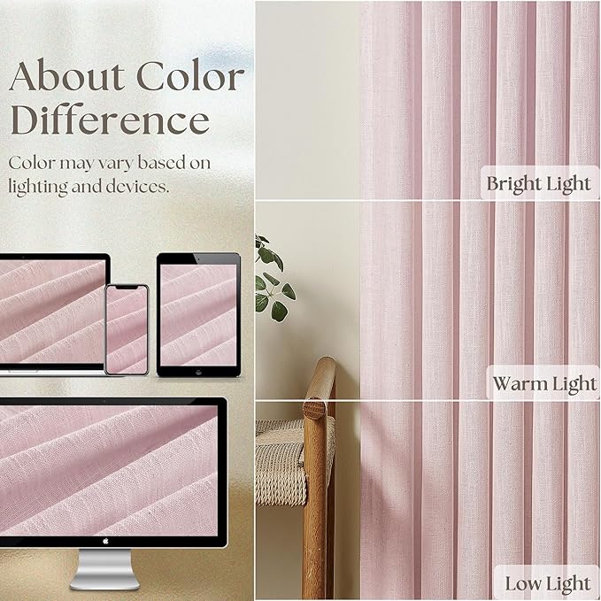 Baby Pink Linen Pinch Pleated Curtains 96 Inch Length 2 Panels for Girls Bedroom Nursery Soft Thick Linen Window Curtains 96 Inches Long Semi Sheer Light Filtering for Living Room Blush Dusty Pink