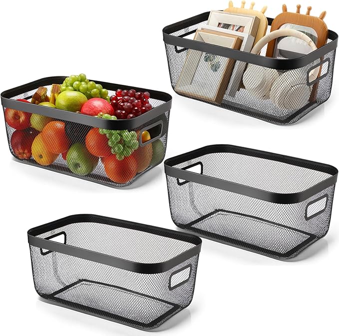 4 Pack Metal Mesh Basket with Hollow Handles Black Wire Storage Bin for Organizing Stackable Metal Fine Mesh Basket for Pantry Bathroom Kitchen Cabinets Shelves (X-Large)
