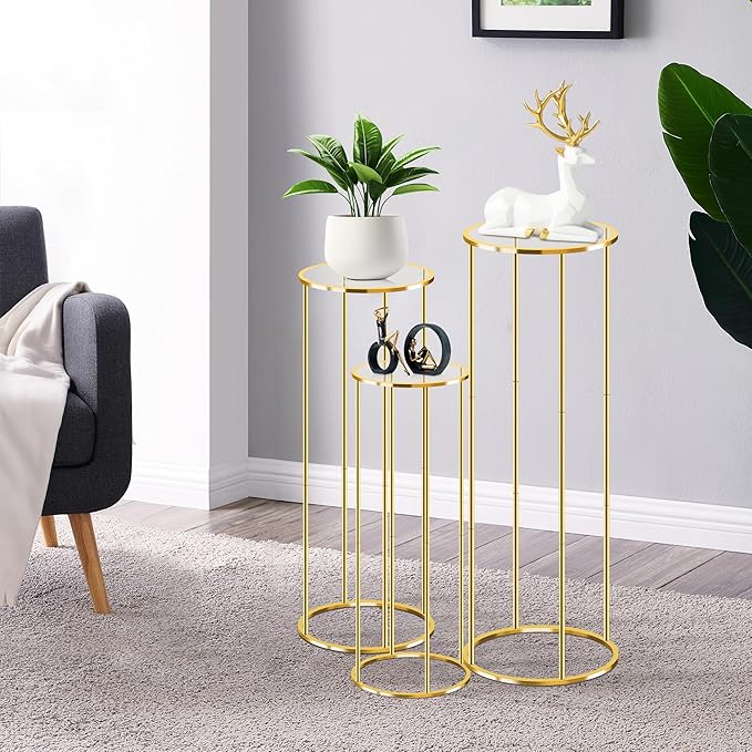 3PCS Gold Metal Cylinder Pedestal Stands - Round Plant Display Columns for Party Decor, Floral Arrangements, Vase Displays, Birthday Wedding Backdrop Decorations